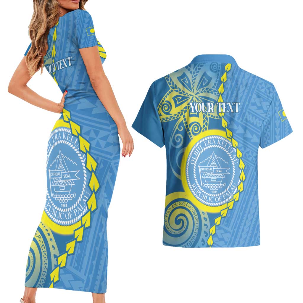 Personalised Palau Independence Day Couples Matching Short Sleeve Bodycon Dress and Hawaiian Shirt Belau Coat Of Arms Polynesian Curve Style LT14 - Polynesian Pride