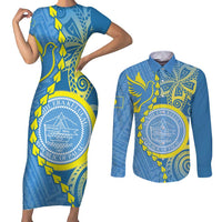 Personalised Palau Independence Day Couples Matching Short Sleeve Bodycon Dress and Long Sleeve Button Shirt Belau Coat Of Arms Polynesian Curve Style LT14 Blue - Polynesian Pride