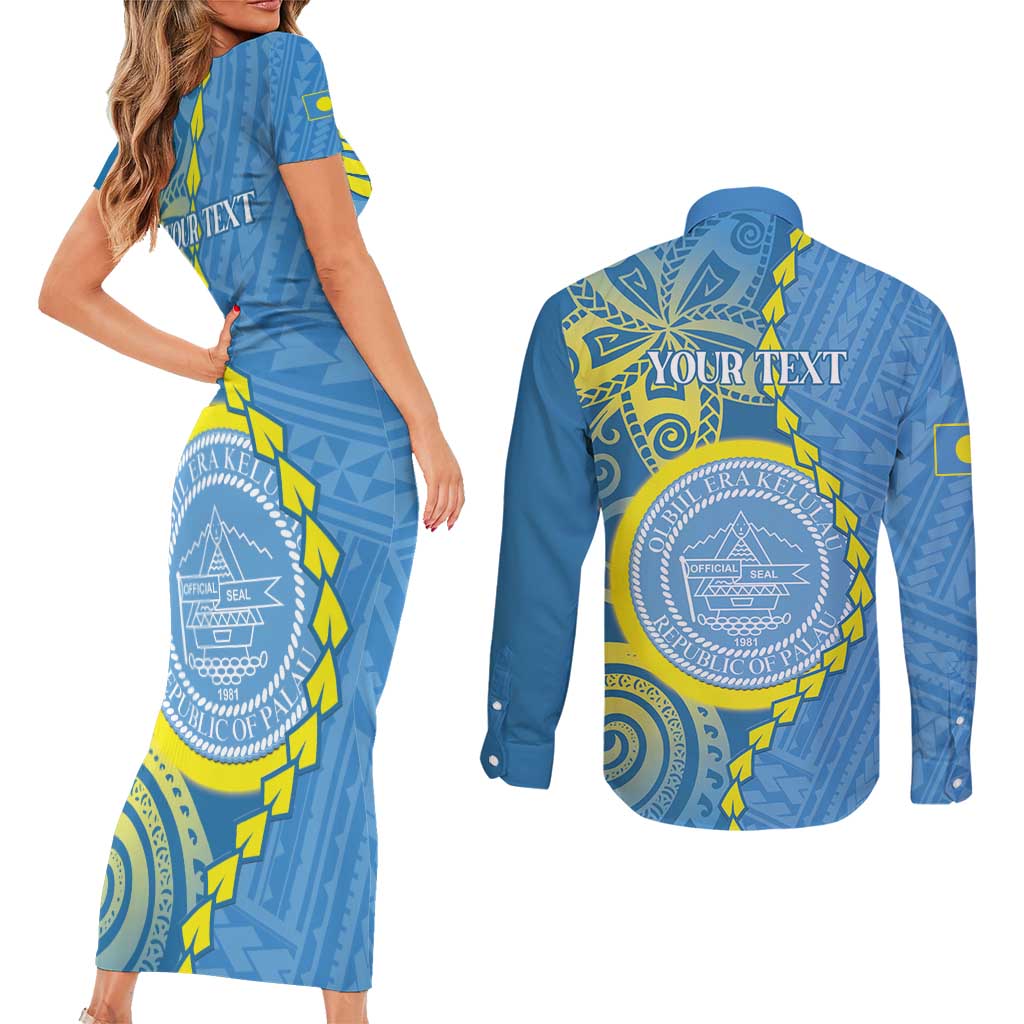Personalised Palau Independence Day Couples Matching Short Sleeve Bodycon Dress and Long Sleeve Button Shirt Belau Coat Of Arms Polynesian Curve Style LT14 - Polynesian Pride