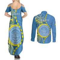 Personalised Palau Independence Day Couples Matching Summer Maxi Dress and Long Sleeve Button Shirt Belau Coat Of Arms Polynesian Curve Style LT14 - Polynesian Pride