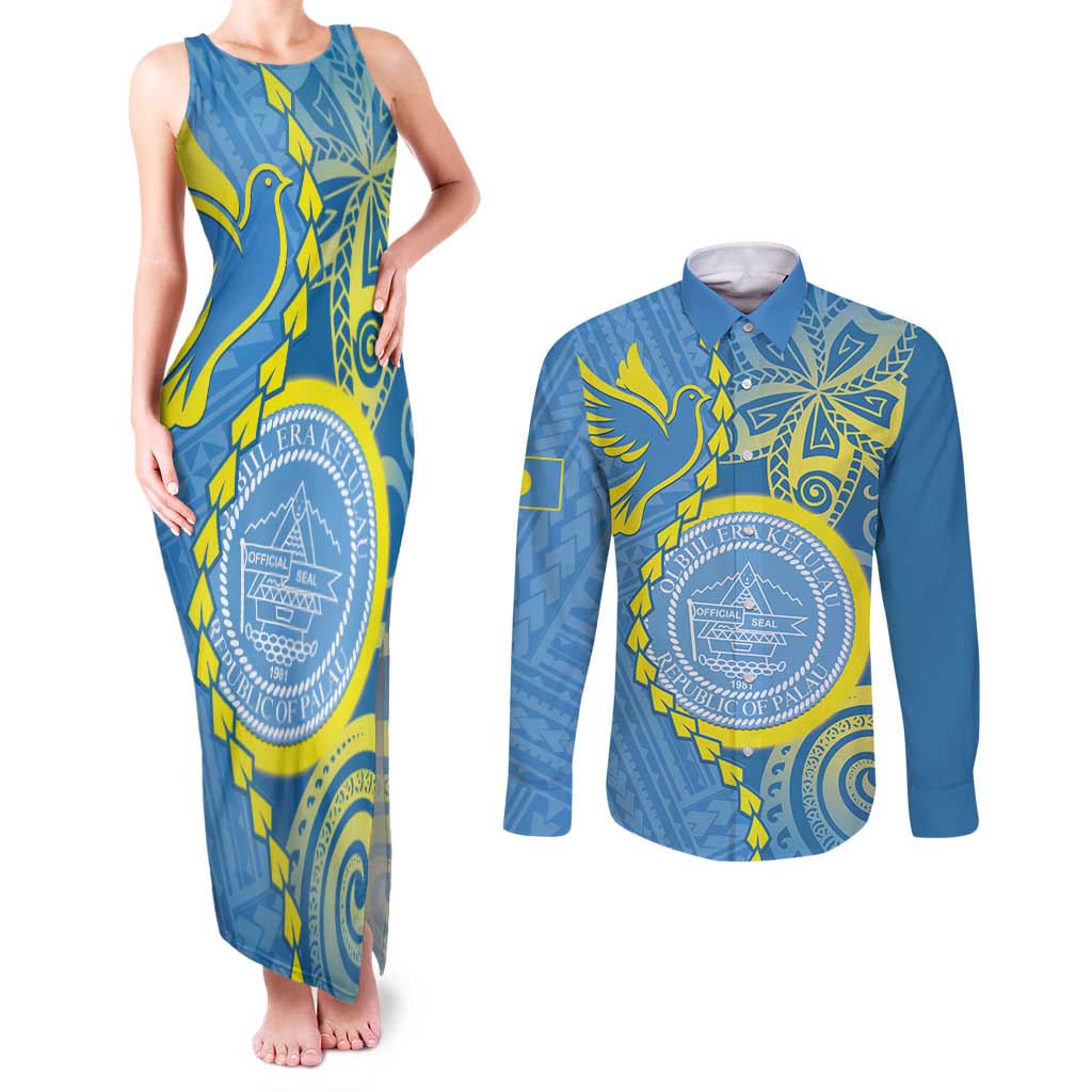 Personalised Palau Independence Day Couples Matching Tank Maxi Dress and Long Sleeve Button Shirt Belau Coat Of Arms Polynesian Curve Style LT14 Blue - Polynesian Pride