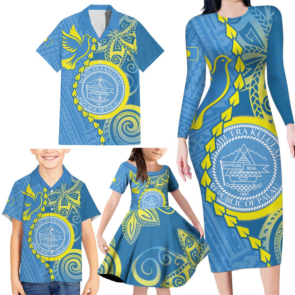 Personalised Palau Independence Day Family Matching Long Sleeve Bodycon Dress and Hawaiian Shirt Belau Coat Of Arms Polynesian Curve Style LT14 - Polynesian Pride