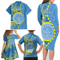 Personalised Palau Independence Day Family Matching Long Sleeve Bodycon Dress and Hawaiian Shirt Belau Coat Of Arms Polynesian Curve Style LT14 - Polynesian Pride