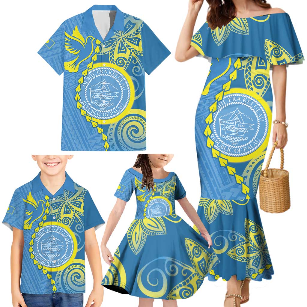 Personalised Palau Independence Day Family Matching Mermaid Dress and Hawaiian Shirt Belau Coat Of Arms Polynesian Curve Style LT14 - Polynesian Pride