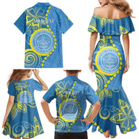Personalised Palau Independence Day Family Matching Mermaid Dress and Hawaiian Shirt Belau Coat Of Arms Polynesian Curve Style LT14 - Polynesian Pride