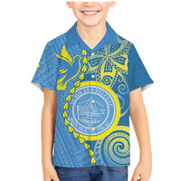 Personalised Palau Independence Day Family Matching Mermaid Dress and Hawaiian Shirt Belau Coat Of Arms Polynesian Curve Style LT14 Son's Shirt Blue - Polynesian Pride