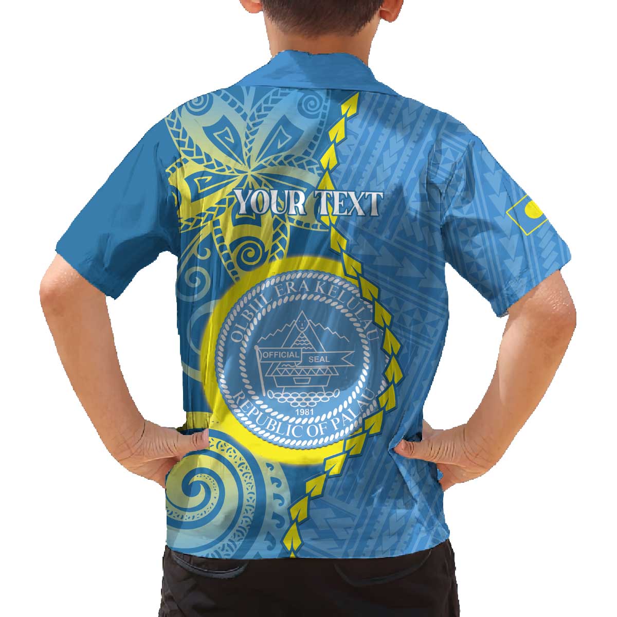 Personalised Palau Independence Day Family Matching Off The Shoulder Long Sleeve Dress and Hawaiian Shirt Belau Coat Of Arms Polynesian Curve Style LT14 - Polynesian Pride