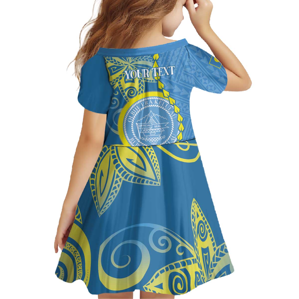 Personalised Palau Independence Day Family Matching Off The Shoulder Long Sleeve Dress and Hawaiian Shirt Belau Coat Of Arms Polynesian Curve Style LT14 - Polynesian Pride