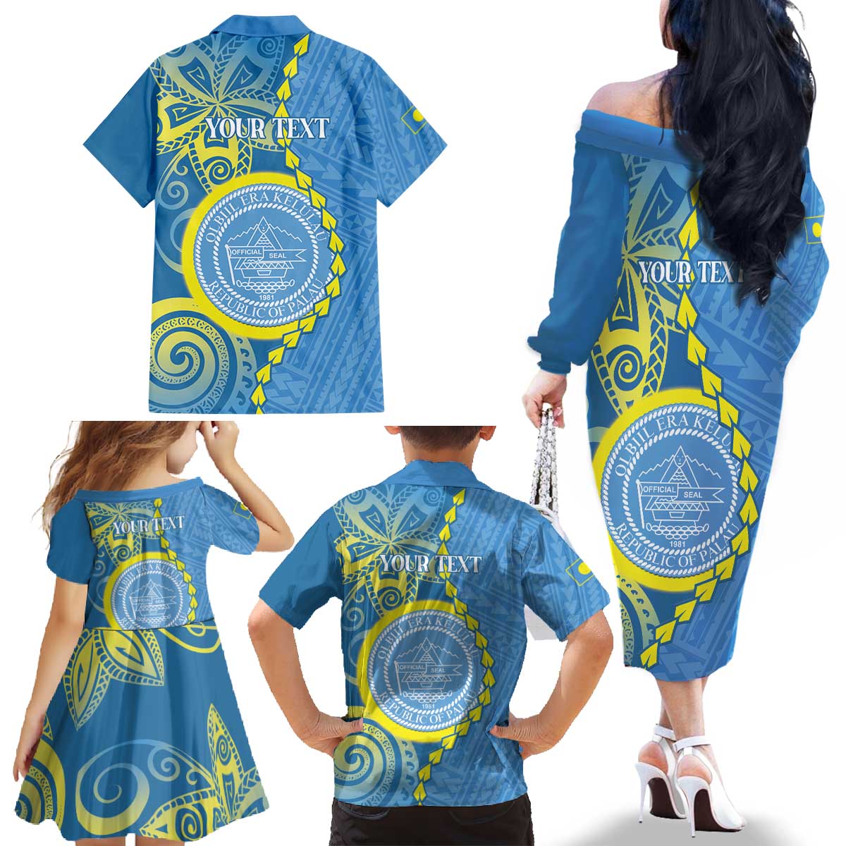 Personalised Palau Independence Day Family Matching Off The Shoulder Long Sleeve Dress and Hawaiian Shirt Belau Coat Of Arms Polynesian Curve Style LT14 - Polynesian Pride
