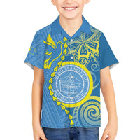 Personalised Palau Independence Day Family Matching Off The Shoulder Long Sleeve Dress and Hawaiian Shirt Belau Coat Of Arms Polynesian Curve Style LT14 Son's Shirt Blue - Polynesian Pride