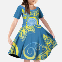 Personalised Palau Independence Day Family Matching Off Shoulder Maxi Dress and Hawaiian Shirt Belau Coat Of Arms Polynesian Curve Style LT14 Daughter's Dress Blue - Polynesian Pride