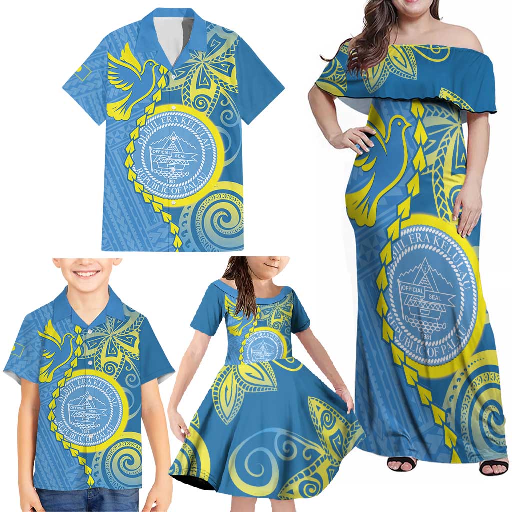 Personalised Palau Independence Day Family Matching Off Shoulder Maxi Dress and Hawaiian Shirt Belau Coat Of Arms Polynesian Curve Style LT14 - Polynesian Pride