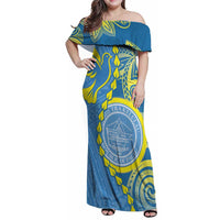 Personalised Palau Independence Day Family Matching Off Shoulder Maxi Dress and Hawaiian Shirt Belau Coat Of Arms Polynesian Curve Style LT14 Mom's Dress Blue - Polynesian Pride
