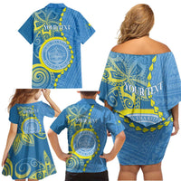 Personalised Palau Independence Day Family Matching Off Shoulder Short Dress and Hawaiian Shirt Belau Coat Of Arms Polynesian Curve Style LT14 - Polynesian Pride