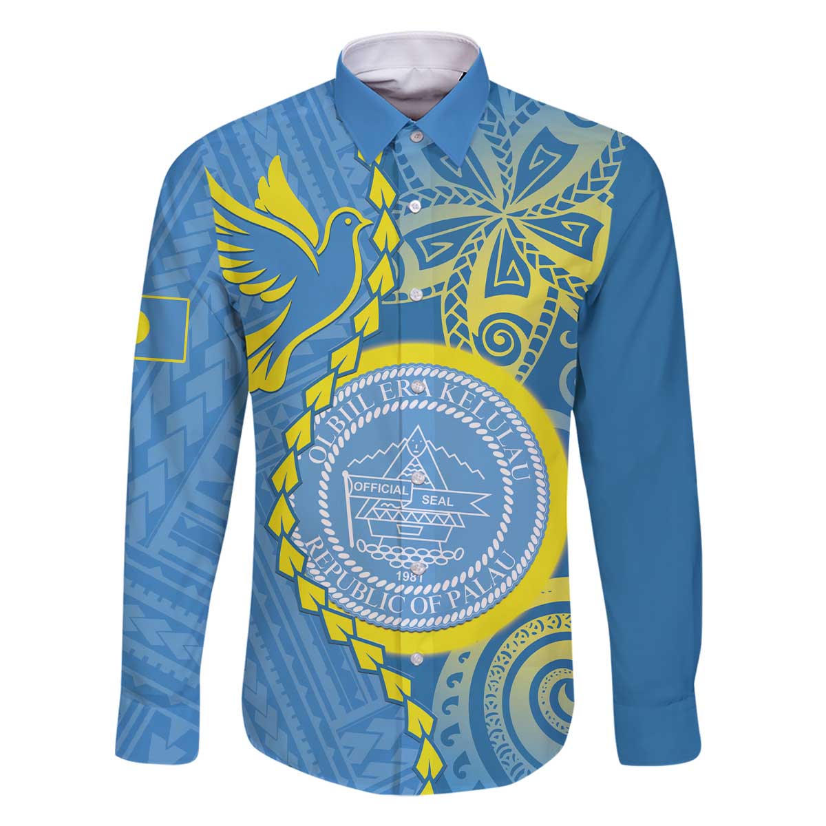 Personalised Palau Independence Day Family Matching Off Shoulder Short Dress and Hawaiian Shirt Belau Coat Of Arms Polynesian Curve Style LT14 Dad's Shirt - Long Sleeve Blue - Polynesian Pride