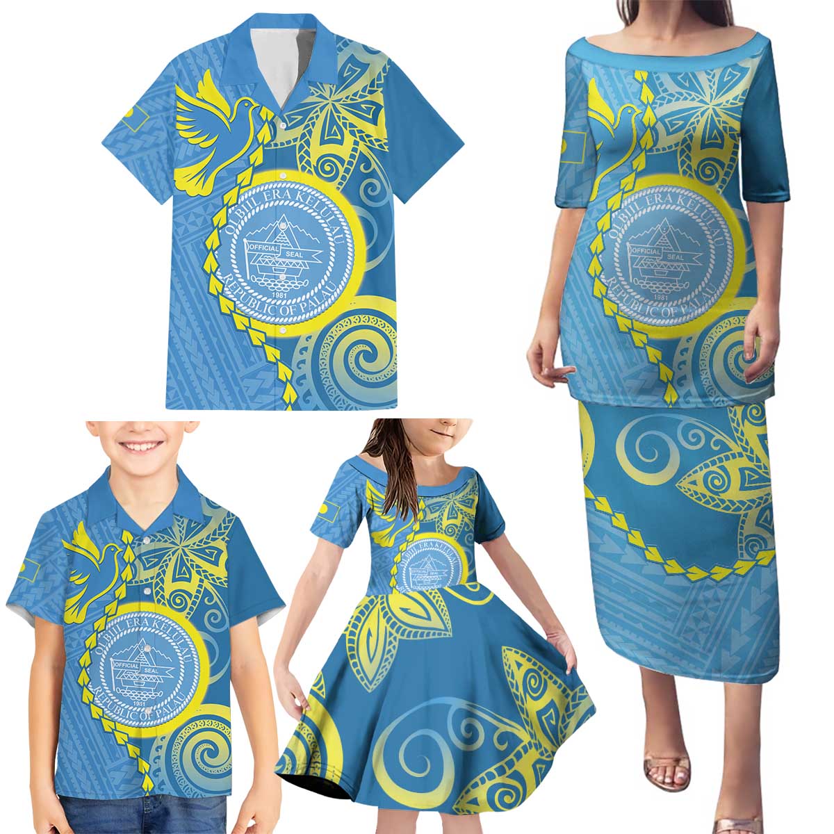 Personalised Palau Independence Day Family Matching Puletasi and Hawaiian Shirt Belau Coat Of Arms Polynesian Curve Style LT14 - Polynesian Pride