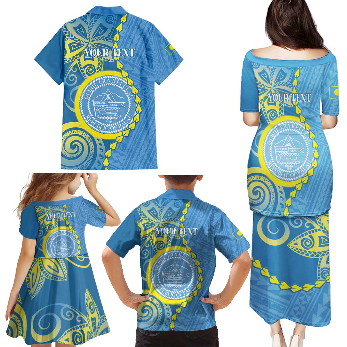 Personalised Palau Independence Day Family Matching Puletasi and Hawaiian Shirt Belau Coat Of Arms Polynesian Curve Style LT14 - Polynesian Pride