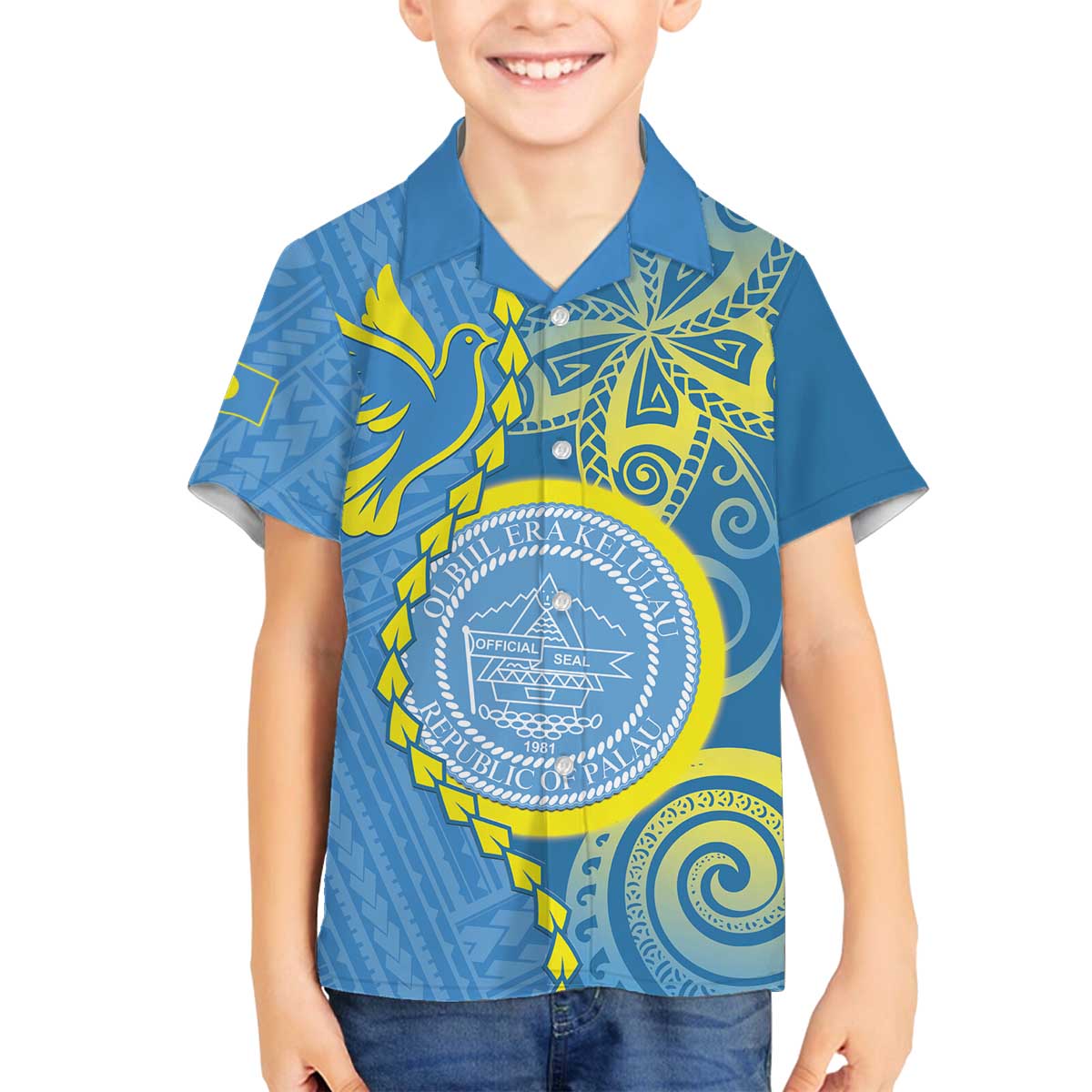 Personalised Palau Independence Day Family Matching Puletasi and Hawaiian Shirt Belau Coat Of Arms Polynesian Curve Style LT14 Son's Shirt Blue - Polynesian Pride