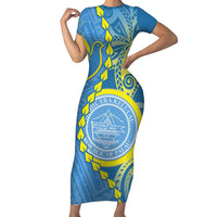 Personalised Palau Independence Day Family Matching Short Sleeve Bodycon Dress and Hawaiian Shirt Belau Coat Of Arms Polynesian Curve Style LT14 Mom's Dress Blue - Polynesian Pride