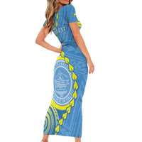 Personalised Palau Independence Day Family Matching Short Sleeve Bodycon Dress and Hawaiian Shirt Belau Coat Of Arms Polynesian Curve Style LT14 - Polynesian Pride