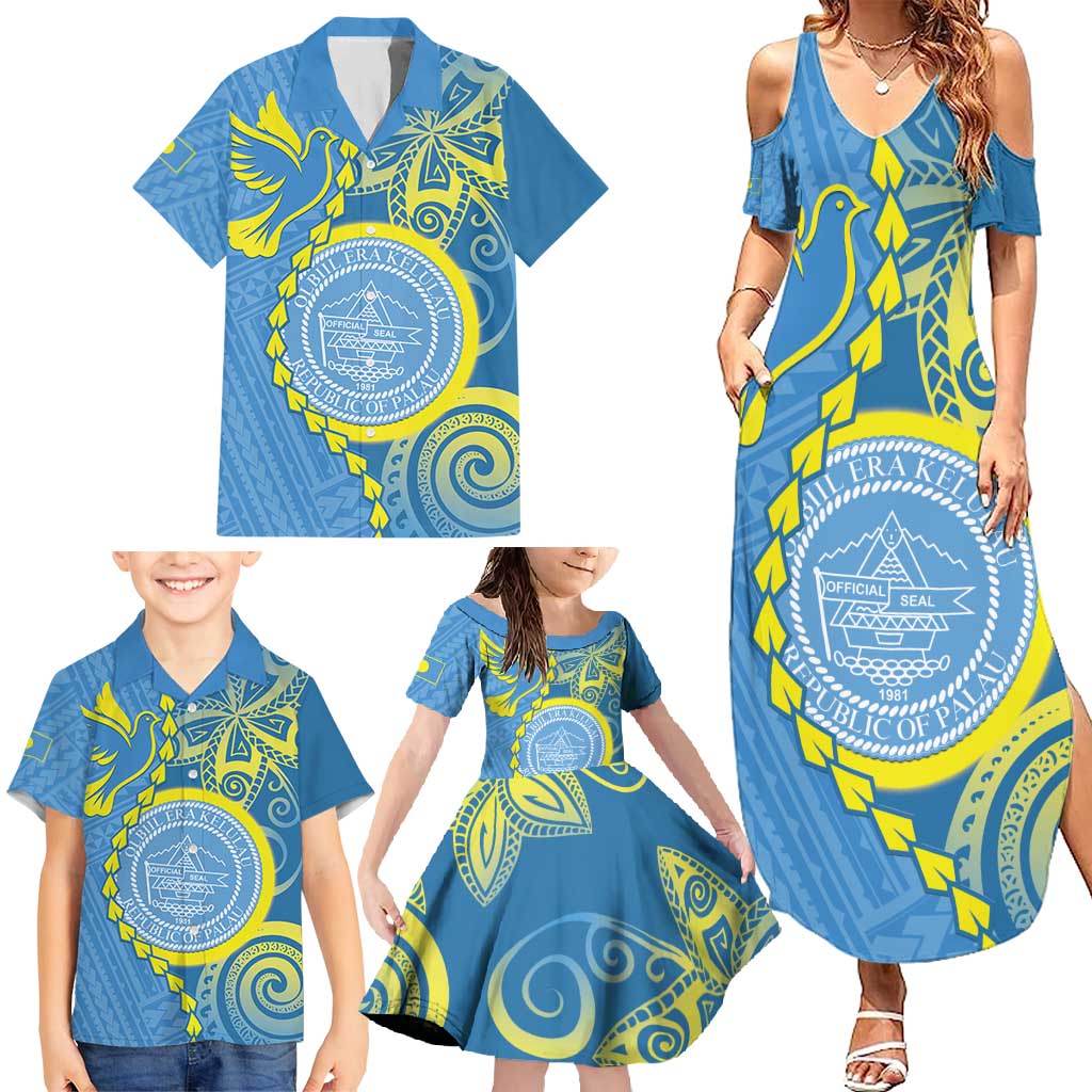 Personalised Palau Independence Day Family Matching Summer Maxi Dress and Hawaiian Shirt Belau Coat Of Arms Polynesian Curve Style LT14 - Polynesian Pride