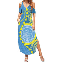 Personalised Palau Independence Day Family Matching Summer Maxi Dress and Hawaiian Shirt Belau Coat Of Arms Polynesian Curve Style LT14 Mom's Dress Blue - Polynesian Pride