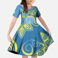 Personalised Palau Independence Day Family Matching Tank Maxi Dress and Hawaiian Shirt Belau Coat Of Arms Polynesian Curve Style LT14 Daughter's Dress Blue - Polynesian Pride