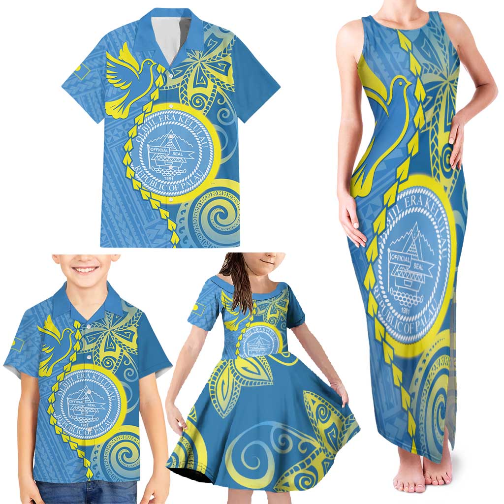 Personalised Palau Independence Day Family Matching Tank Maxi Dress and Hawaiian Shirt Belau Coat Of Arms Polynesian Curve Style LT14 - Polynesian Pride