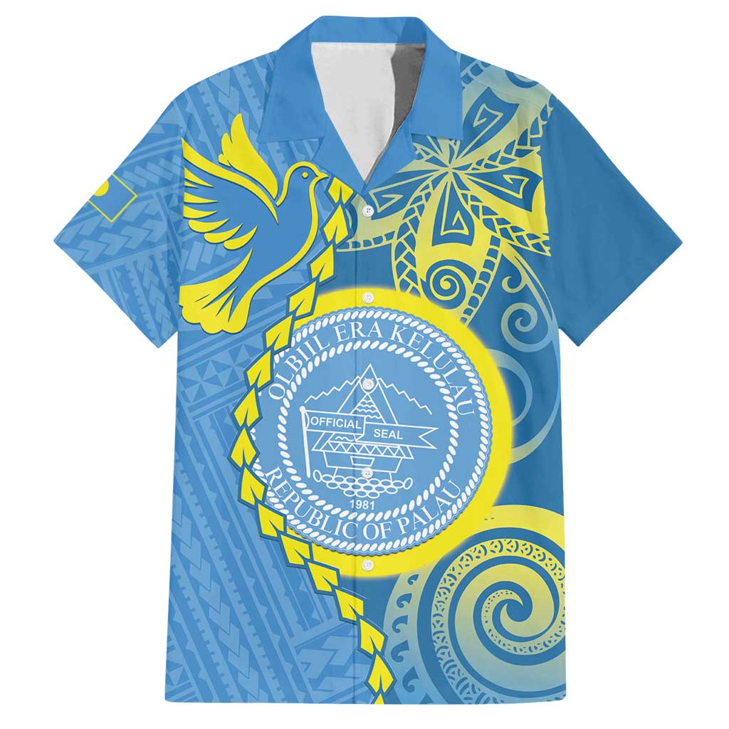 Personalised Palau Independence Day Family Matching Tank Maxi Dress and Hawaiian Shirt Belau Coat Of Arms Polynesian Curve Style LT14 Dad's Shirt - Short Sleeve Blue - Polynesian Pride