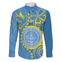 Personalised Palau Independence Day Family Matching Tank Maxi Dress and Hawaiian Shirt Belau Coat Of Arms Polynesian Curve Style LT14 Dad's Shirt - Long Sleeve Blue - Polynesian Pride