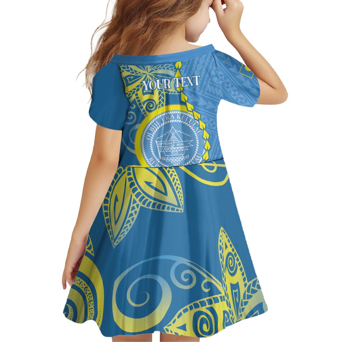 Personalised Palau Independence Day Kid Short Sleeve Dress Belau Coat Of Arms Polynesian Curve Style