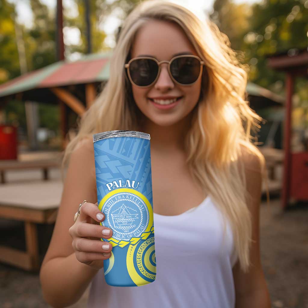 Personalised Palau Independence Day Skinny Tumbler Belau Coat Of Arms Polynesian Curve Style LT14 - Polynesian Pride