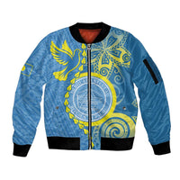 Personalised Palau Independence Day Sleeve Zip Bomber Jacket Belau Coat Of Arms Polynesian Curve Style LT14 Unisex Blue - Polynesian Pride