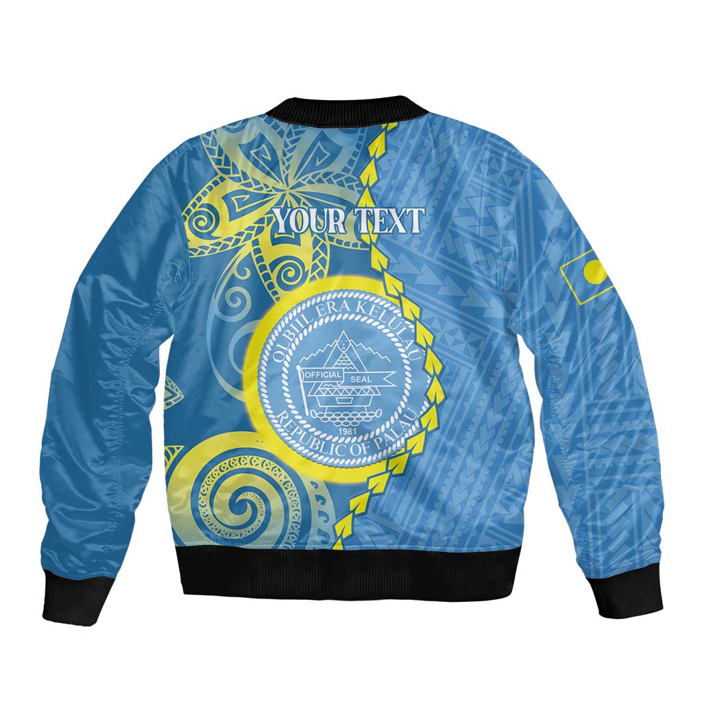 Personalised Palau Independence Day Sleeve Zip Bomber Jacket Belau Coat Of Arms Polynesian Curve Style LT14 - Polynesian Pride