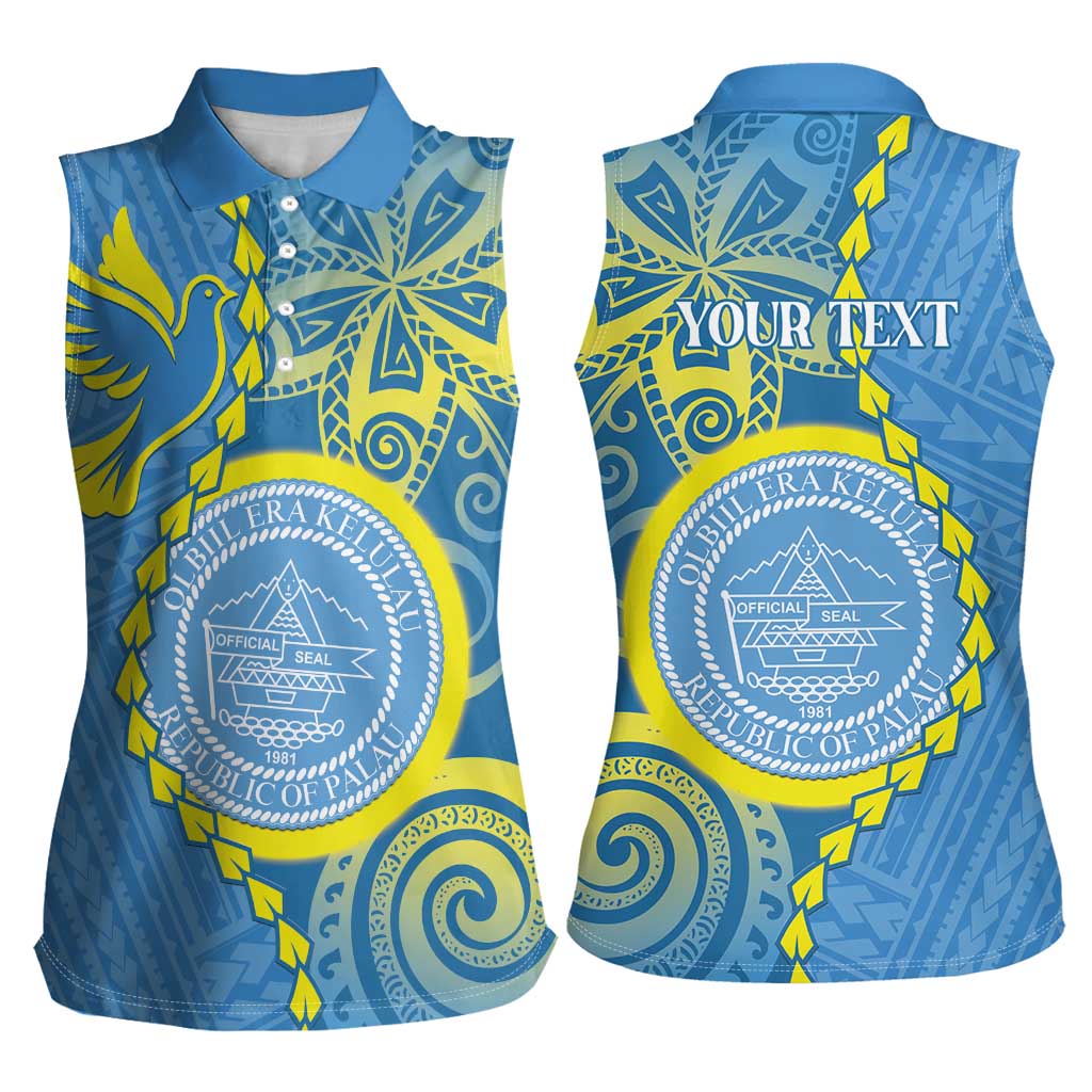 Personalised Palau Independence Day Women Sleeveless Polo Shirt Belau Coat Of Arms Polynesian Curve Style LT14 - Polynesian Pride
