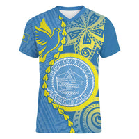 Personalised Palau Independence Day Women V-Neck T-Shirt Belau Coat Of Arms Polynesian Curve Style LT14 Female Blue - Polynesian Pride