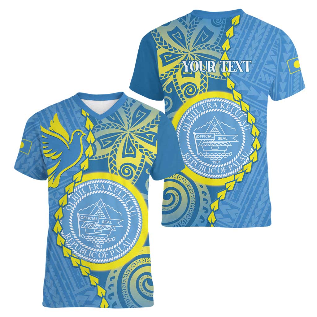 Personalised Palau Independence Day Women V-Neck T-Shirt Belau Coat Of Arms Polynesian Curve Style LT14 - Polynesian Pride
