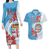 Personalised Fiji Day Couples Matching Long Sleeve Bodycon Dress and Hawaiian Shirt Fijian Tapa Pattern Mix Tagimoucia - Blue Version LT14 Blue - Polynesian Pride