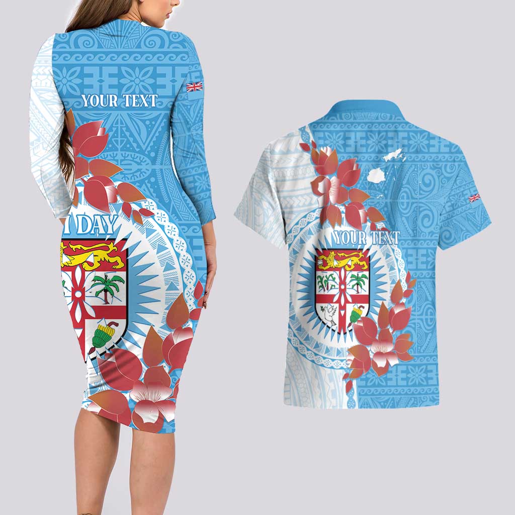 Personalised Fiji Day Couples Matching Long Sleeve Bodycon Dress and Hawaiian Shirt Fijian Tapa Pattern Mix Tagimoucia - Blue Version LT14 - Polynesian Pride