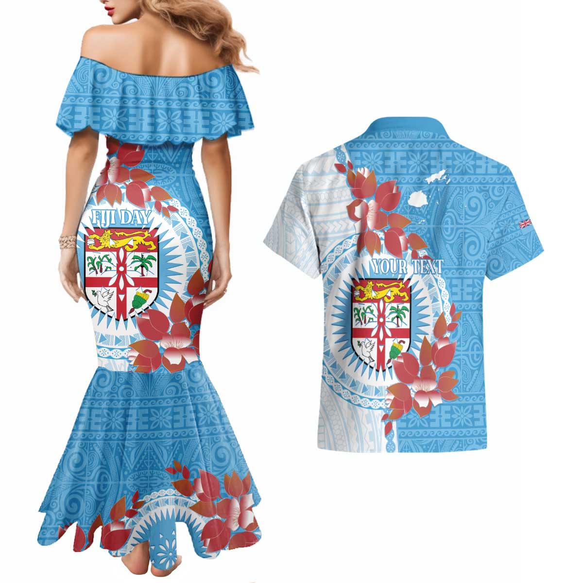 Personalised Fiji Day Couples Matching Mermaid Dress and Hawaiian Shirt Fijian Tapa Pattern Mix Tagimoucia - Blue Version LT14 - Polynesian Pride