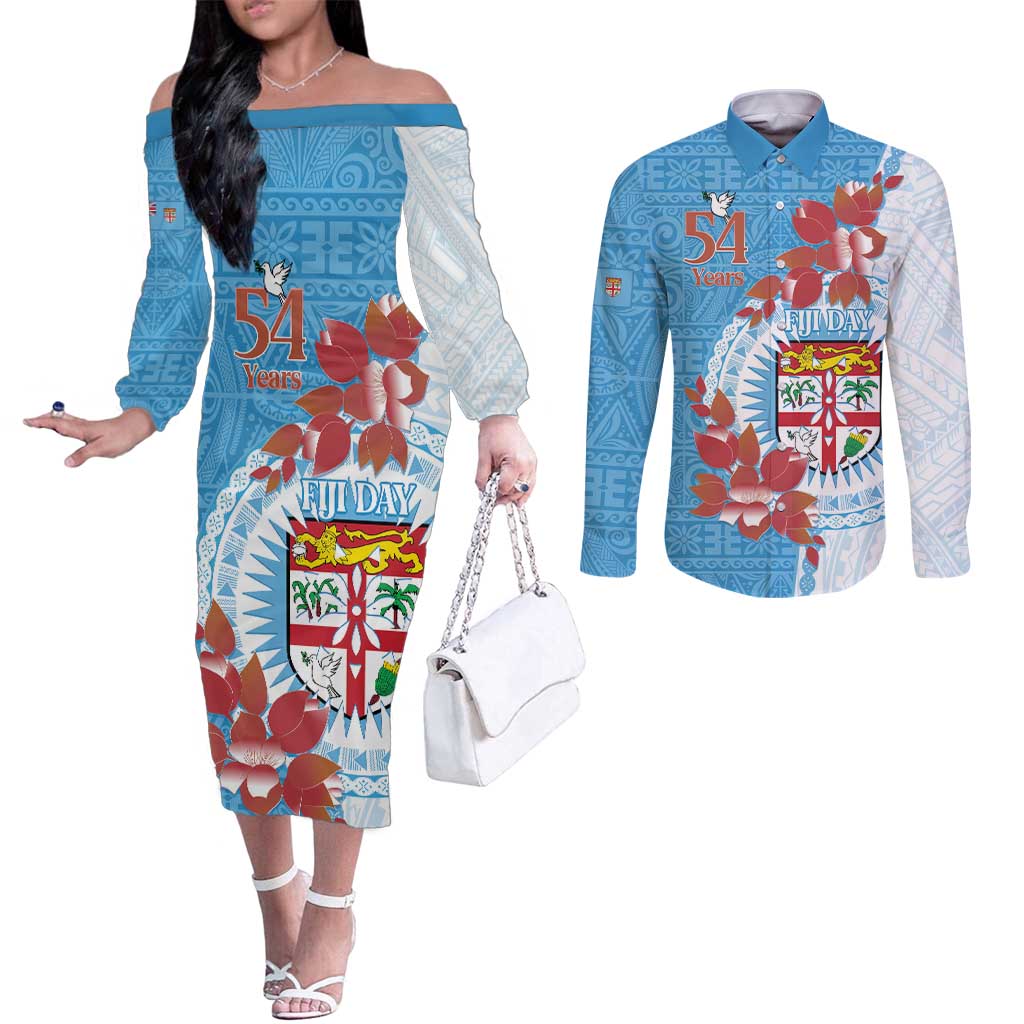 Personalised Fiji Day Couples Matching Off The Shoulder Long Sleeve Dress and Long Sleeve Button Shirt Fijian Tapa Pattern Mix Tagimoucia - Blue Version LT14 Blue - Polynesian Pride