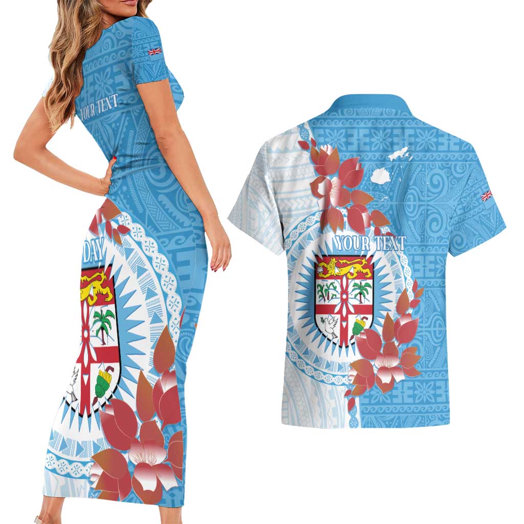 Personalised Fiji Day Couples Matching Short Sleeve Bodycon Dress and Hawaiian Shirt Fijian Tapa Pattern Mix Tagimoucia - Blue Version LT14 - Polynesian Pride