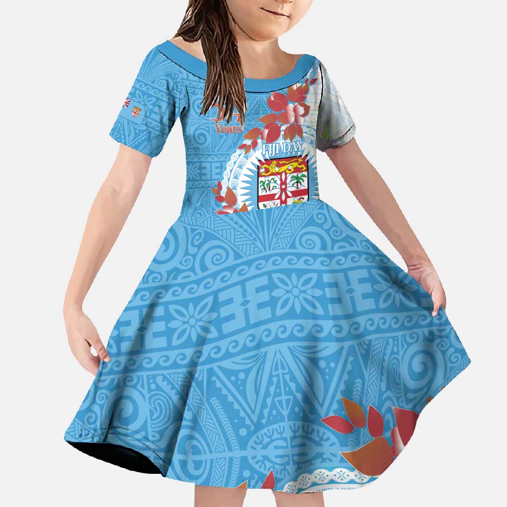 Personalised Fiji Day Family Matching Long Sleeve Bodycon Dress and Hawaiian Shirt Fijian Tapa Pattern Mix Tagimoucia - Blue Version LT14 Daughter's Dress Blue - Polynesian Pride