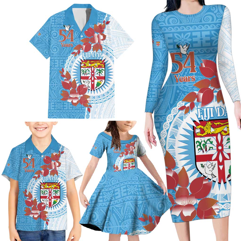Personalised Fiji Day Family Matching Long Sleeve Bodycon Dress and Hawaiian Shirt Fijian Tapa Pattern Mix Tagimoucia - Blue Version LT14 - Polynesian Pride