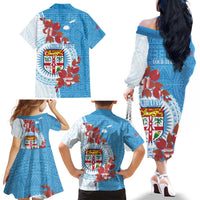 Personalised Fiji Day Family Matching Off The Shoulder Long Sleeve Dress and Hawaiian Shirt Fijian Tapa Pattern Mix Tagimoucia - Blue Version LT14 - Polynesian Pride