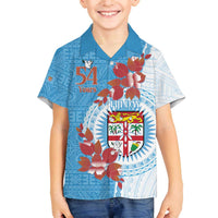 Personalised Fiji Day Family Matching Off The Shoulder Long Sleeve Dress and Hawaiian Shirt Fijian Tapa Pattern Mix Tagimoucia - Blue Version LT14 Son's Shirt Blue - Polynesian Pride