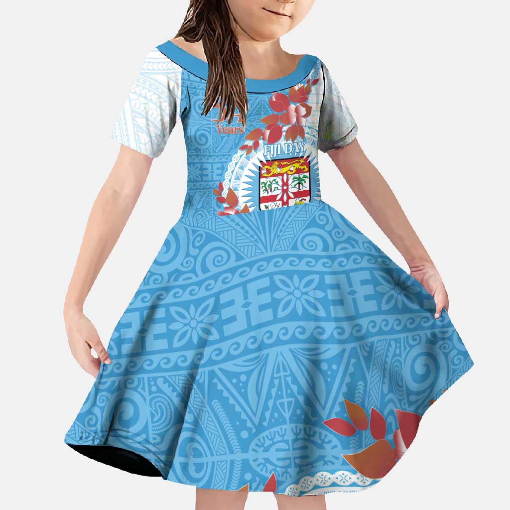 Personalised Fiji Day Family Matching Off Shoulder Maxi Dress and Hawaiian Shirt Fijian Tapa Pattern Mix Tagimoucia - Blue Version LT14 Daughter's Dress Blue - Polynesian Pride
