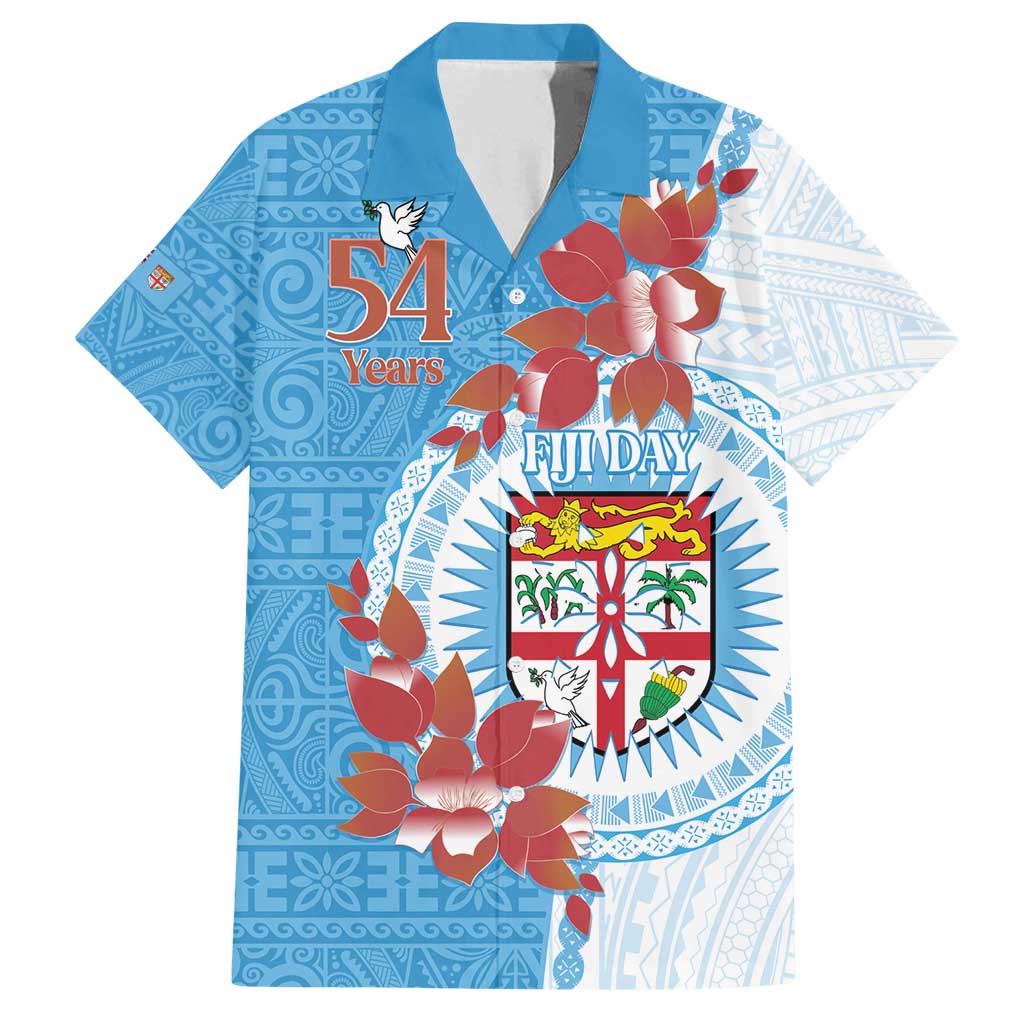 Personalised Fiji Day Family Matching Off Shoulder Maxi Dress and Hawaiian Shirt Fijian Tapa Pattern Mix Tagimoucia - Blue Version LT14 Dad's Shirt - Short Sleeve Blue - Polynesian Pride