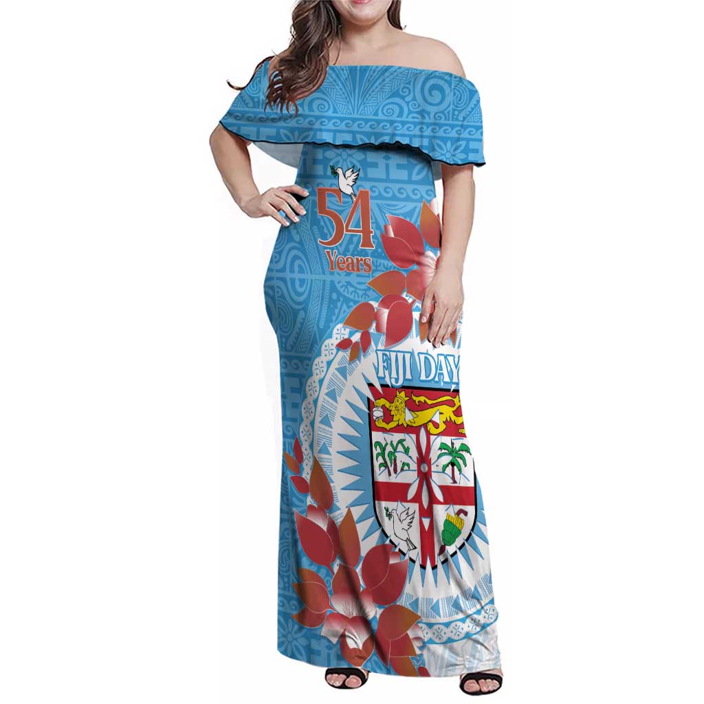 Personalised Fiji Day Family Matching Off Shoulder Maxi Dress and Hawaiian Shirt Fijian Tapa Pattern Mix Tagimoucia - Blue Version LT14 Mom's Dress Blue - Polynesian Pride