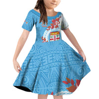Personalised Fiji Day Family Matching Off Shoulder Short Dress and Hawaiian Shirt Fijian Tapa Pattern Mix Tagimoucia - Blue Version LT14 Daughter's Dress Blue - Polynesian Pride